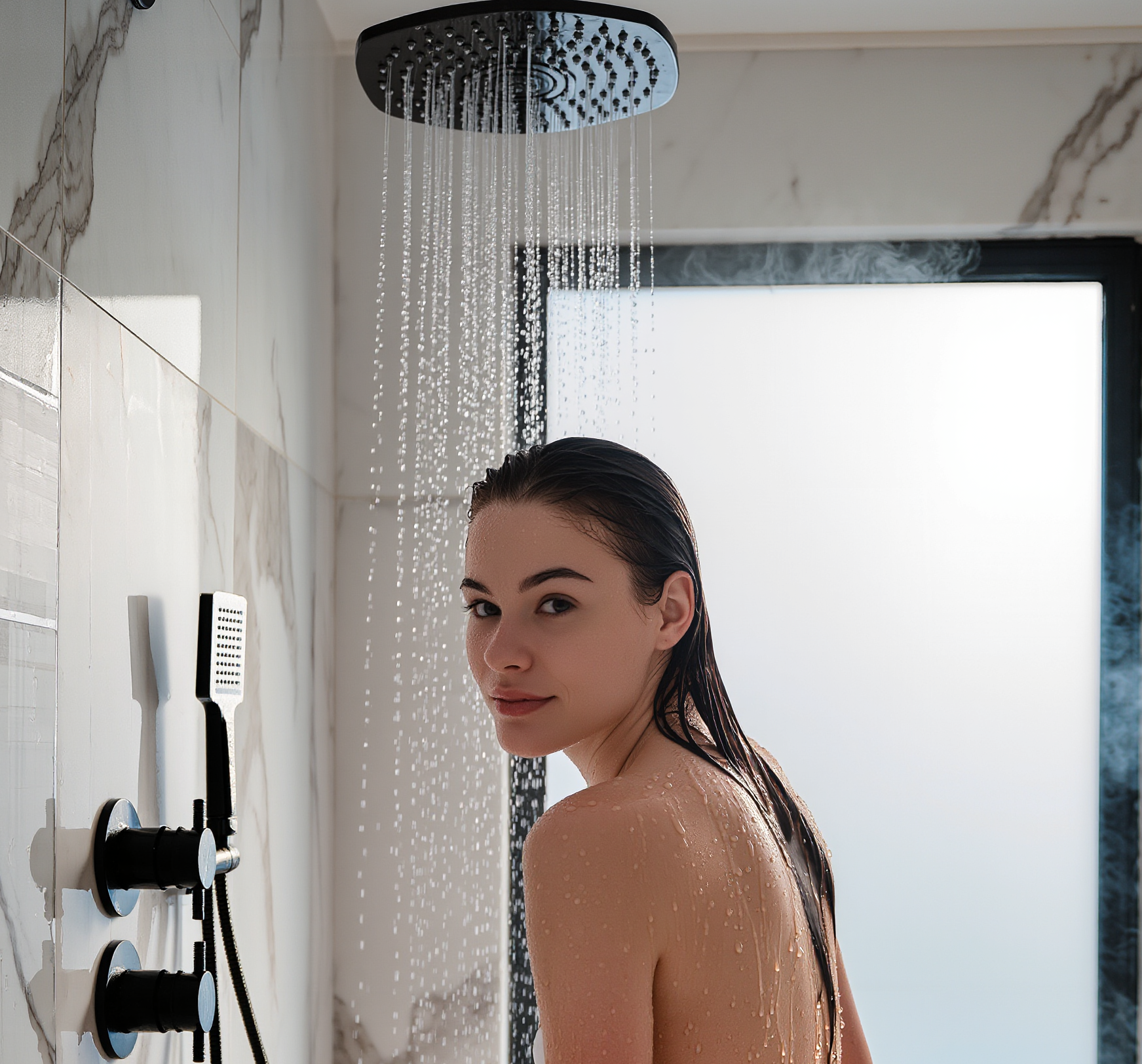 Vrouw geniet van een verfrissende douche dankzij FrenaCal waterontharder zonder kalk